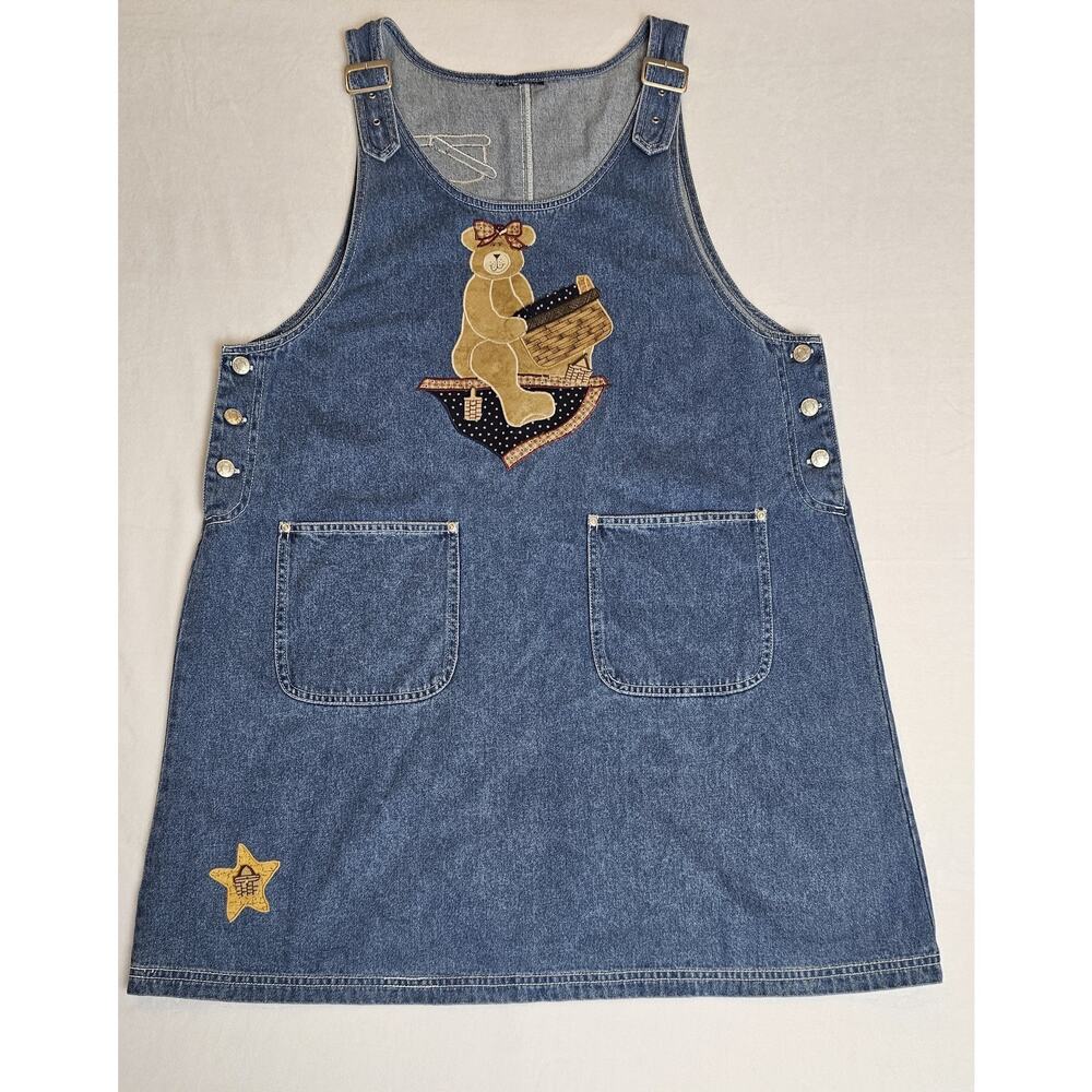 Vintage Womens Teddy Bear Patchwork Denim Overall Jumper Dress Country Basket